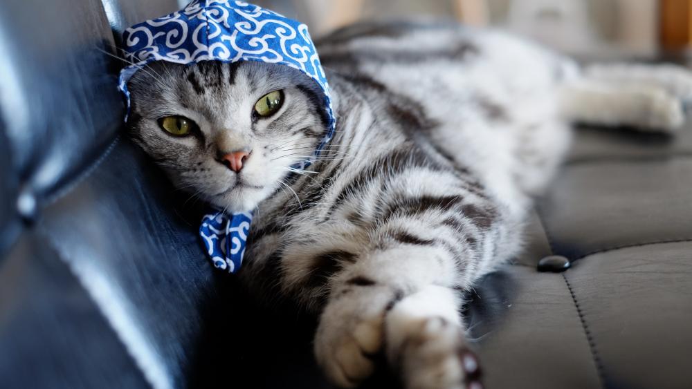 Stylish Cat Relaxing in Blue Headscarf wallpaper