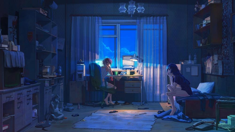 Lofi Anime blue wallpaper