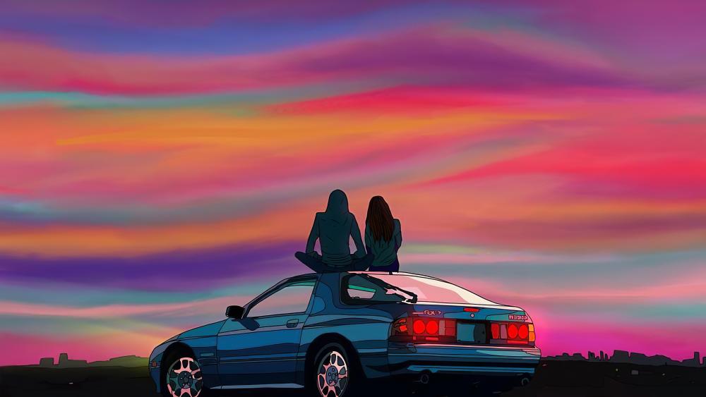 Couple Sitting On Car Evening Talks wallpaper