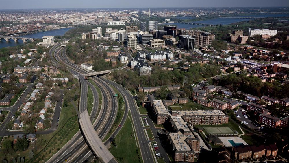 Distant View of Washington, D.C., from the Rosslyn High-Rise Neighborhood of Northern Virginia wallpaper