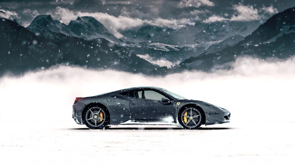 Winter's Dream: Ferrari Amidst Snowy Peaks wallpaper
