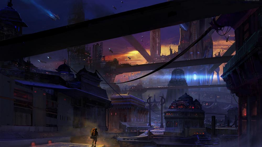 Futuristic Megapolis at Twilight wallpaper
