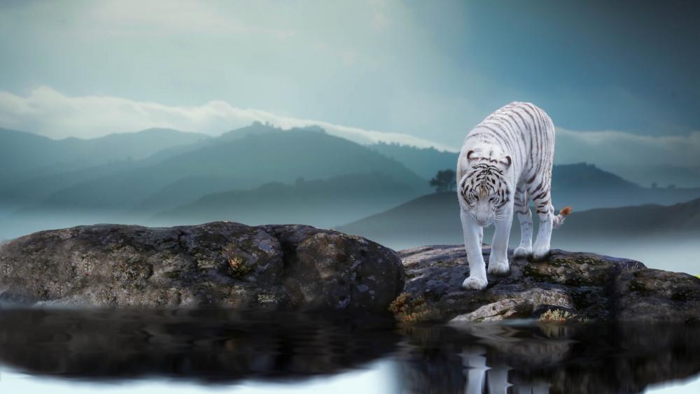 Majestic White Tiger in a Serene Landscape wallpaper