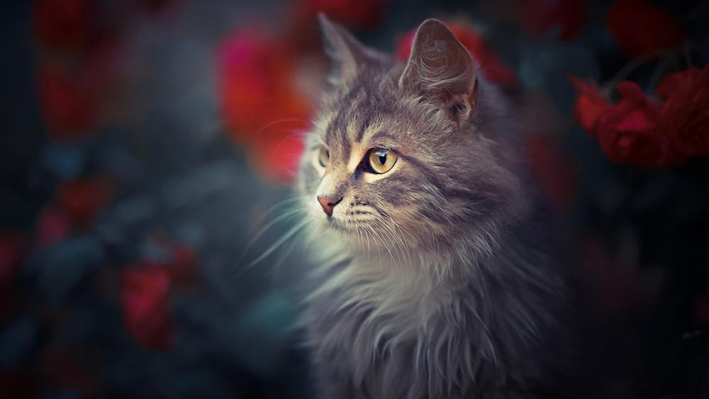 Graceful Cat Surrounded by Blossoming Roses wallpaper