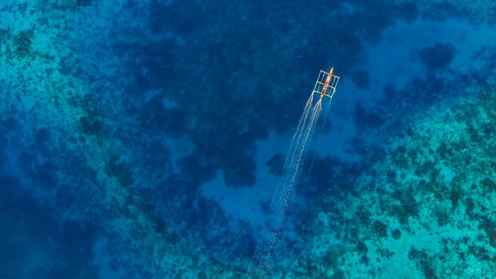 Catamaran on the blue sea from above wallpaper