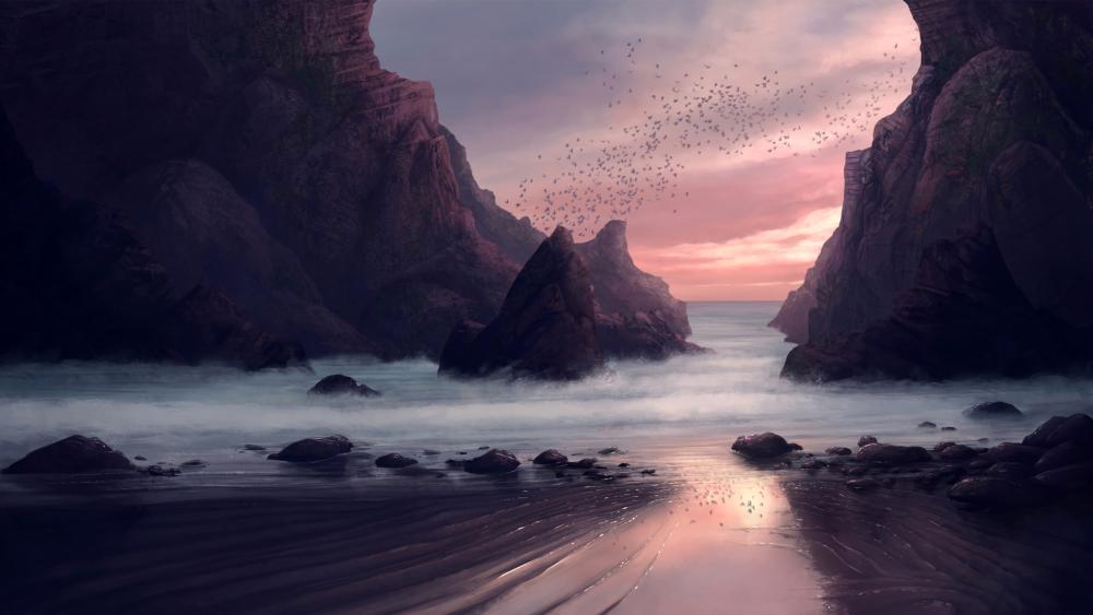 Purple digital seaside landscape wallpaper