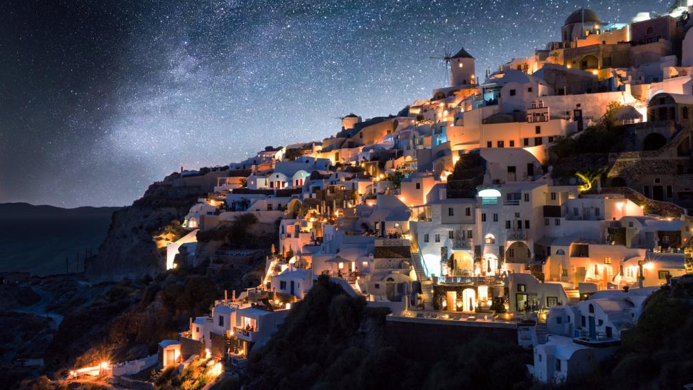 Santorini by night wallpaper