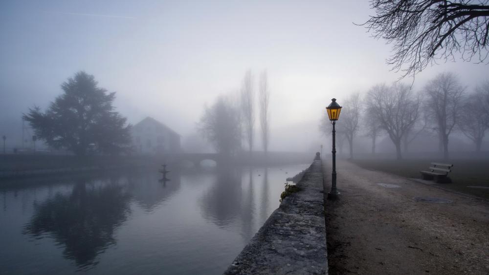 Misty Evening by the Riverbank wallpaper
