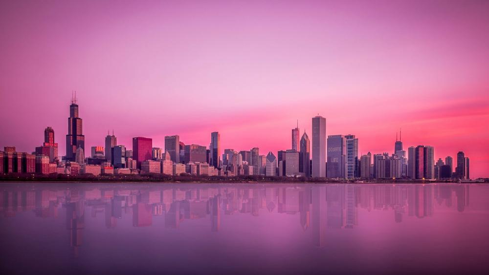 Pink sky above Chicago wallpaper