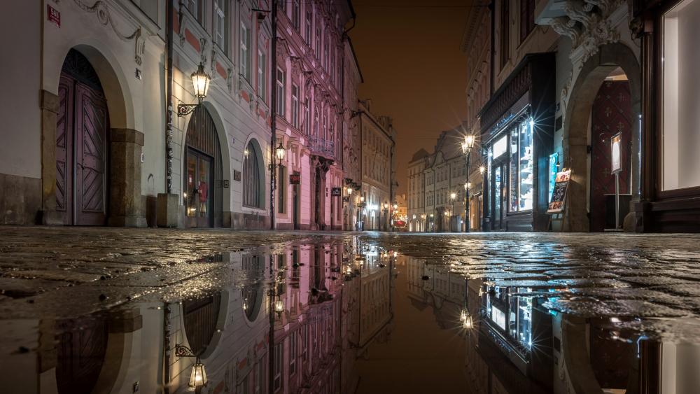 Street of Prague puddle reflection wallpaper