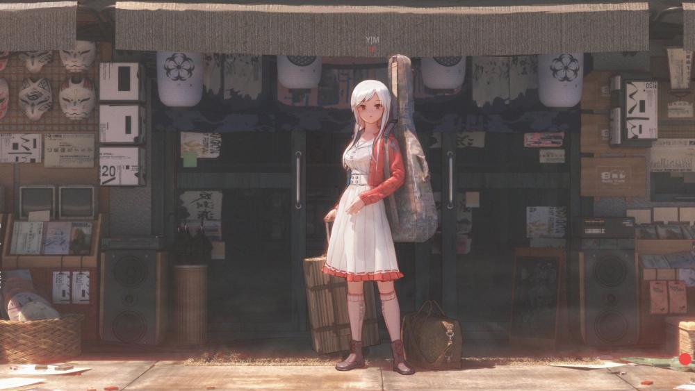 Anime Girl at Traditional Japanese Shopfront wallpaper