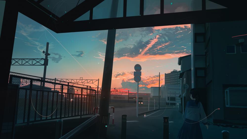 Sunset Serenity in Anime Cityscape wallpaper
