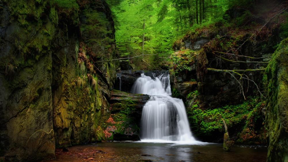 Serenity of Nature’s Waterfall Landscape wallpaper