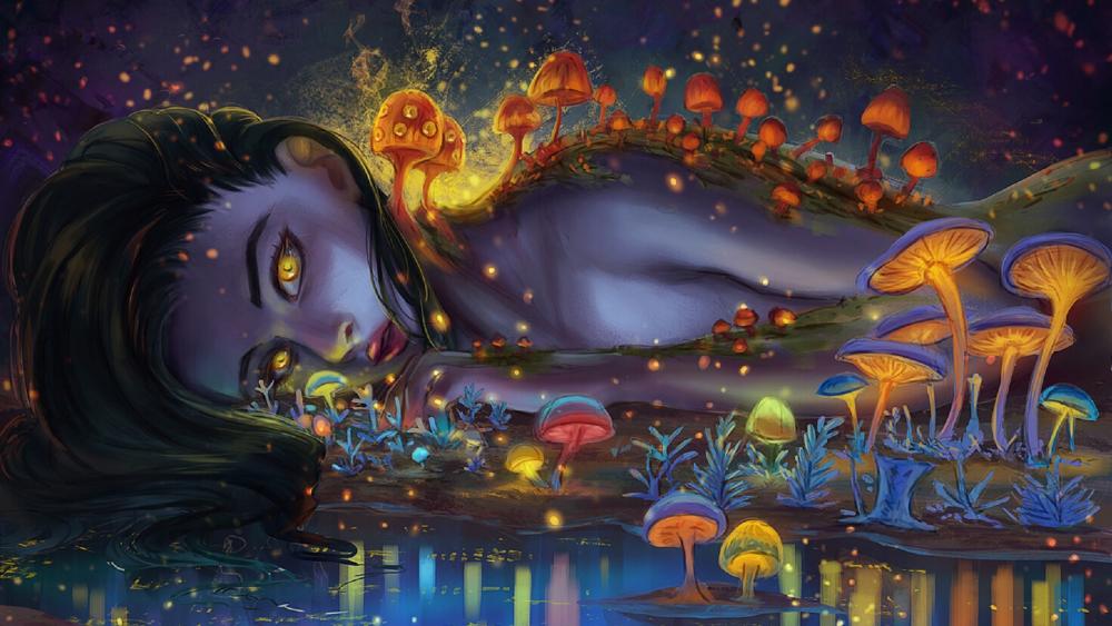 Mystical Slumber in a Luminous Fungi Realm wallpaper