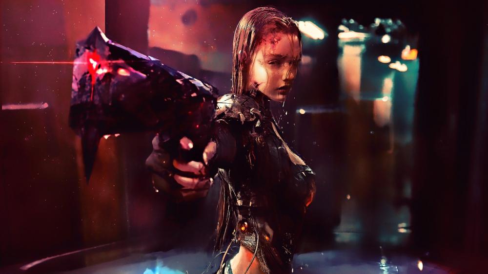 Cyberpunk warrior girl in the rain futuristic artwork wallpaper