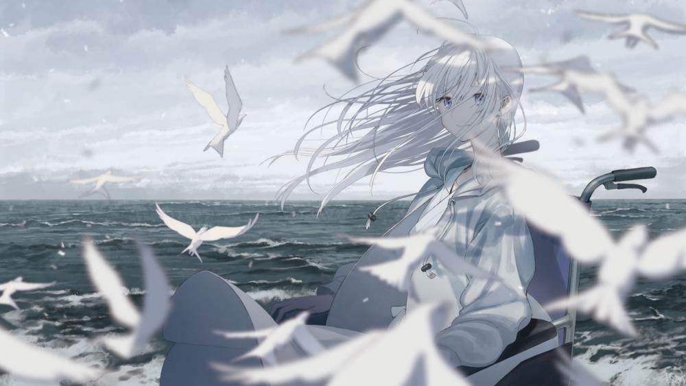Mystical Seaside Journey with a Windblown Anime Girl wallpaper