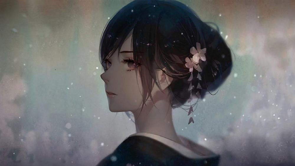 Ethereal Anime Beauty in a Serene Snowfall wallpaper