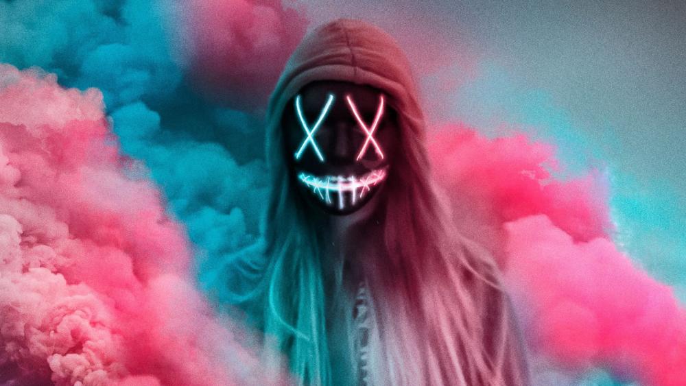 Neon masked girl in hoodie wallpaper