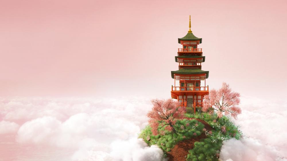 Pagoda above the clouds wallpaper