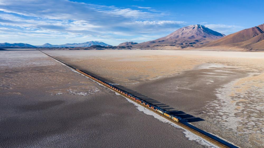 Train Crossing the Carcote Salt Flat at 3690m Above Sea Level wallpaper
