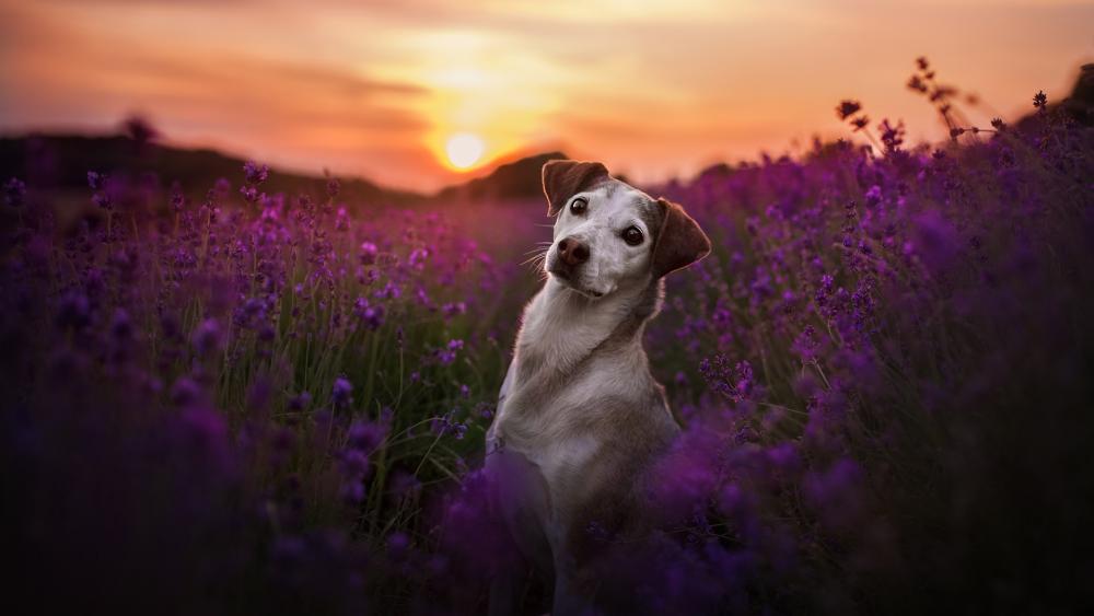 A Serene Sunset with a Playful Pup in Lavender Fields wallpaper