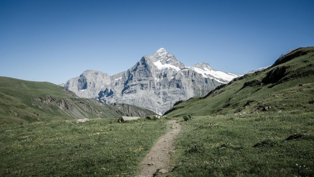 Majestic Mountain Landscape Under Clear Blue Sky wallpaper