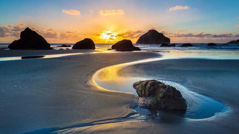 Serene Sunset Over Tranquil Beach Scene wallpaper