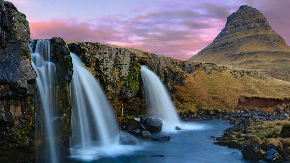 Kirkjufell Mountain and waterfall wallpaper