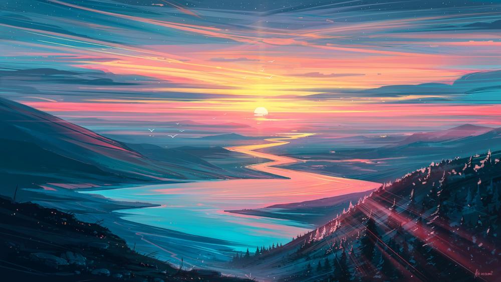 Serene Anime Sunset by the River wallpaper