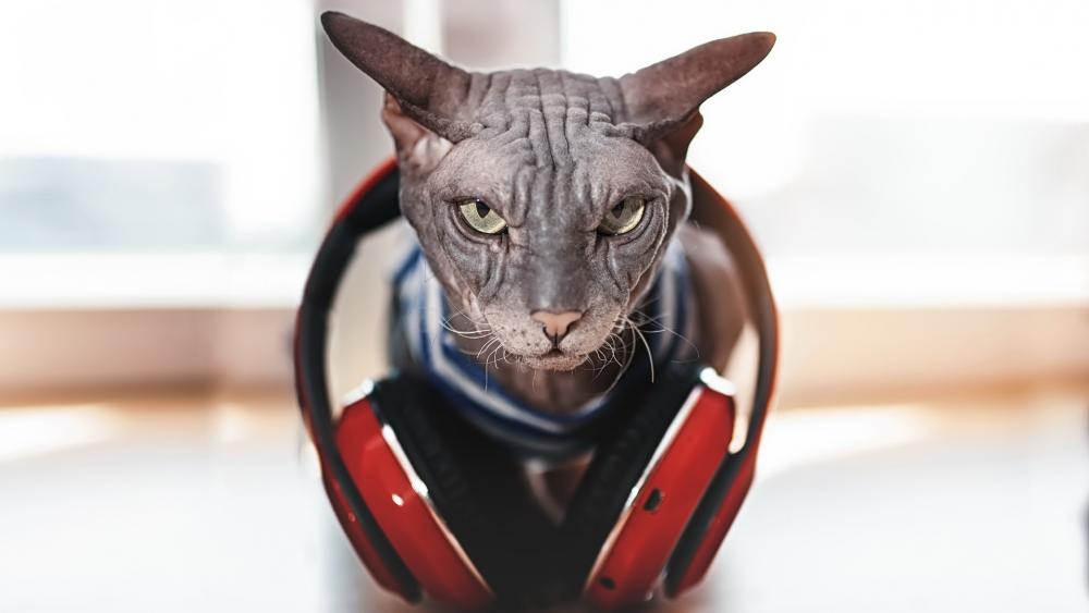Sphynx cat with headphone wallpaper