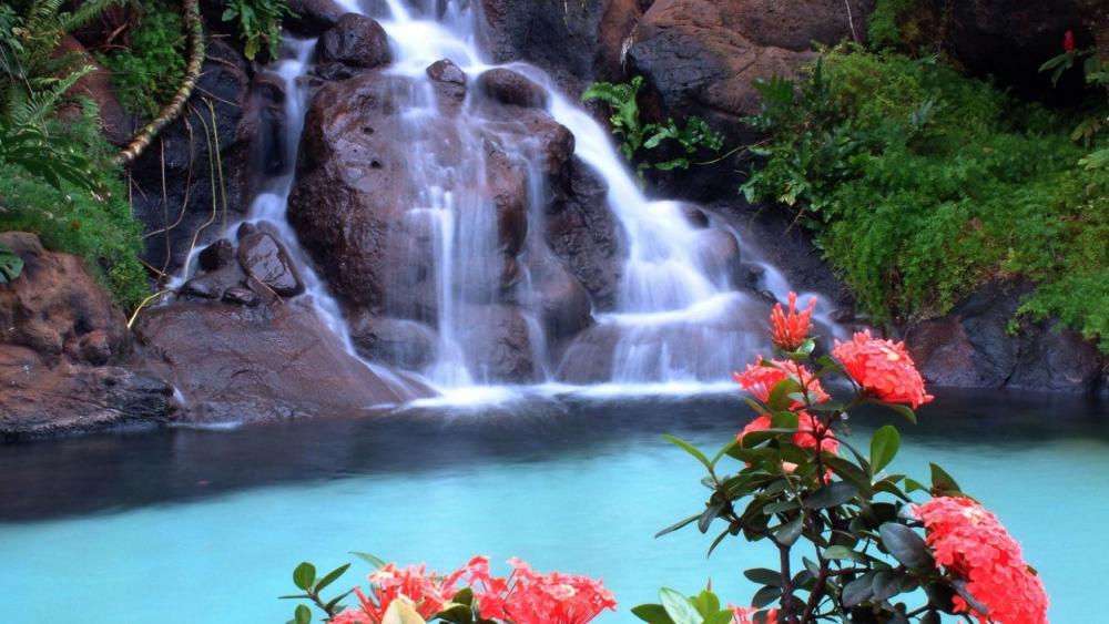 Serene Waterfall Surrounded by Vibrant Flowers wallpaper