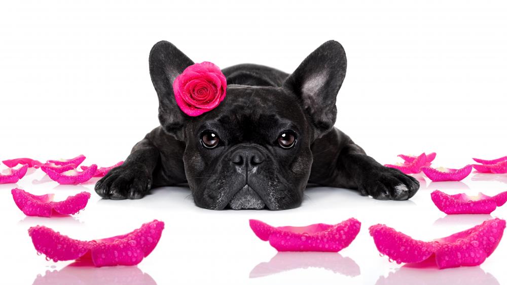 Black French bulldog  with a pink rose wallpaper