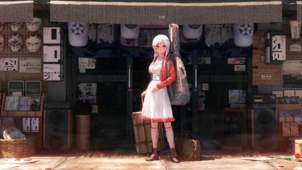 Anime traveller girl with guitar wallpaper