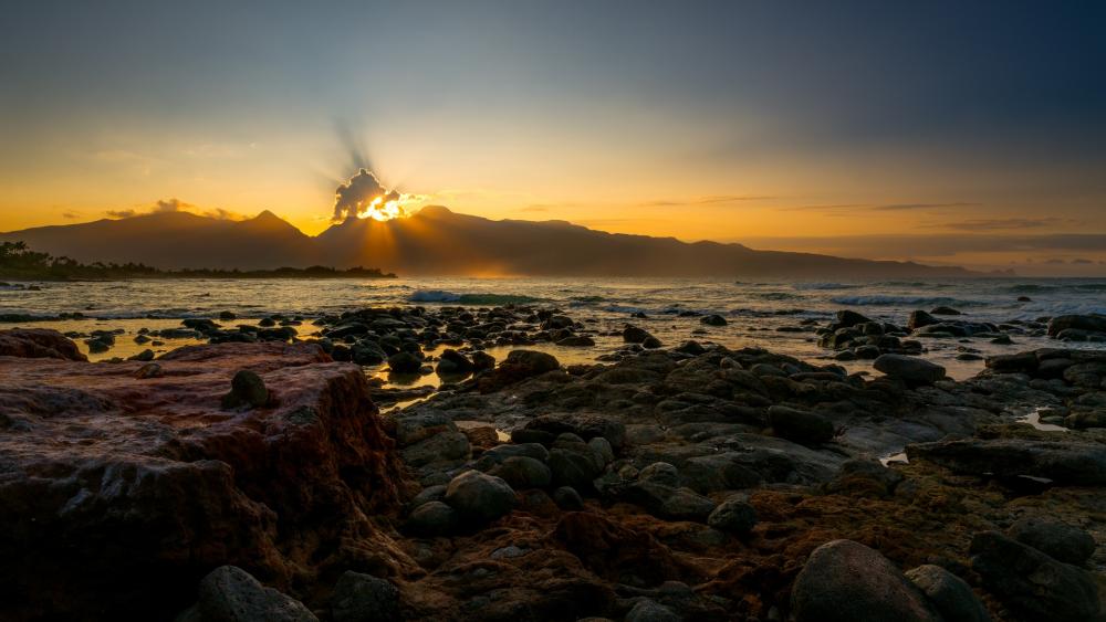 Serene Sunrise at the Rocky Shoreline wallpaper