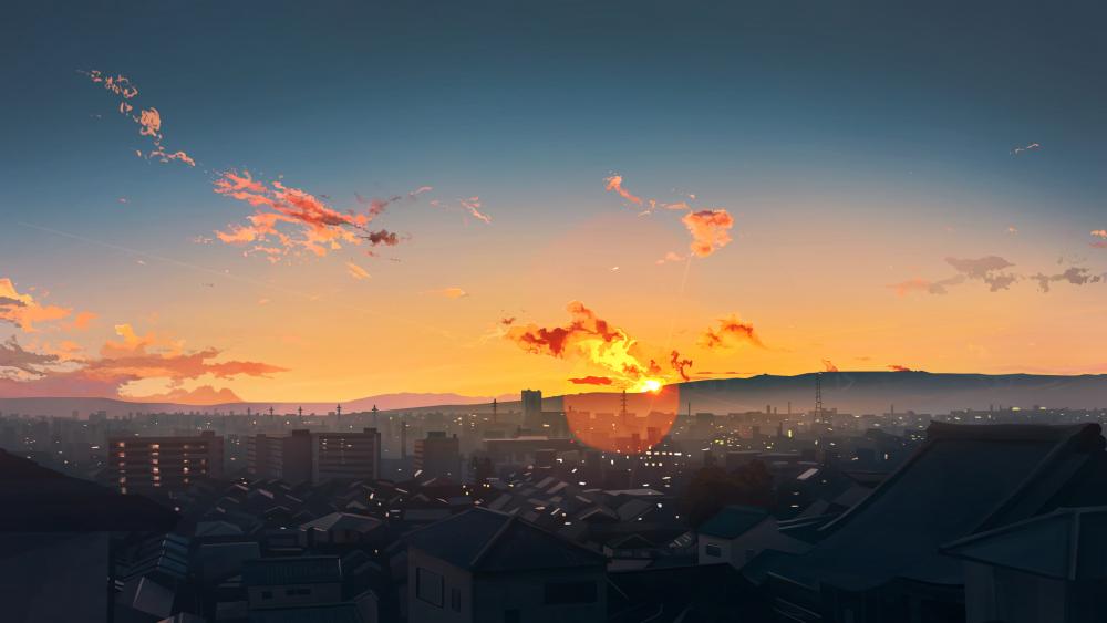 Anime Sunset Over Cityscape wallpaper