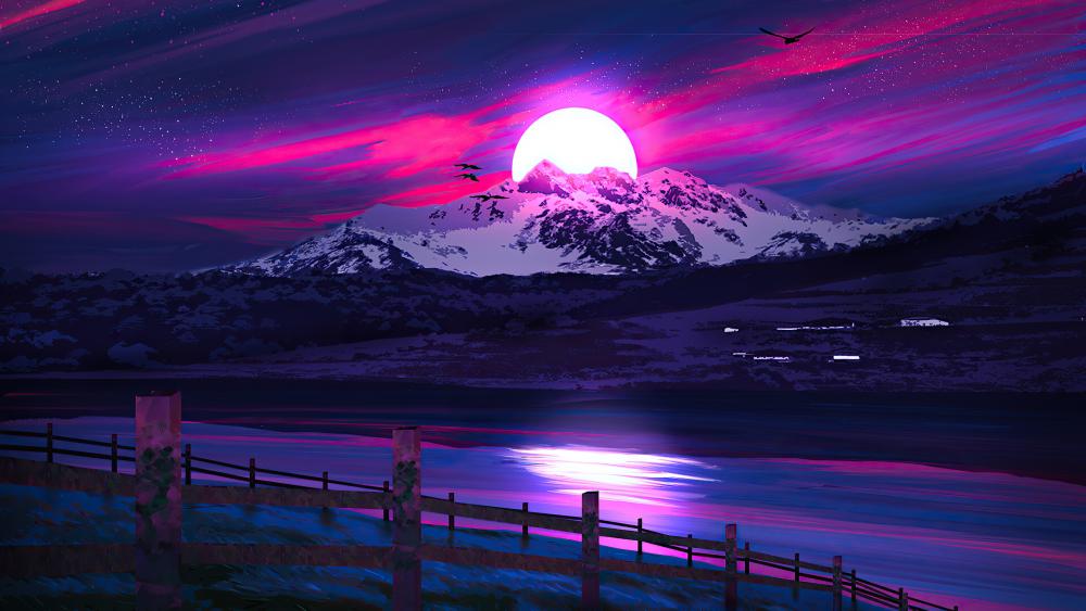 Mystical Purple Moonrise Over Snowy Peaks wallpaper