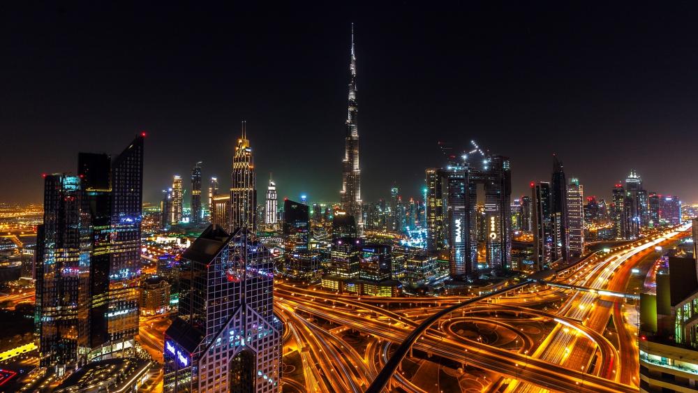Dubai skyline with Burj Khalifa at night wallpaper
