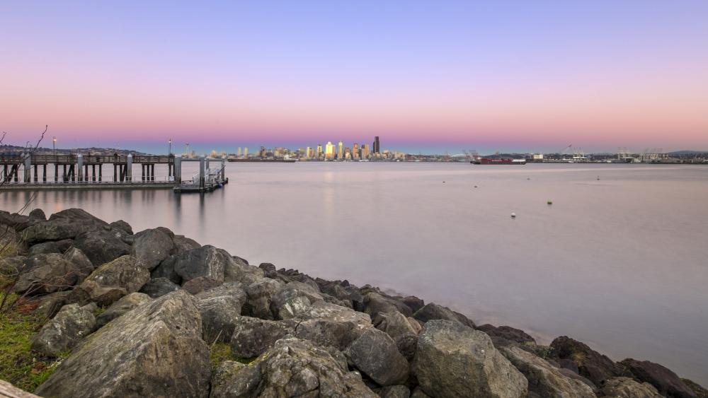 Tranquil Seattle Waterfront at Dawn wallpaper