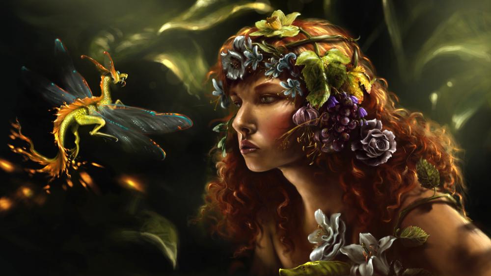 Fantasy dragon fly meets with a fairy wallpaper