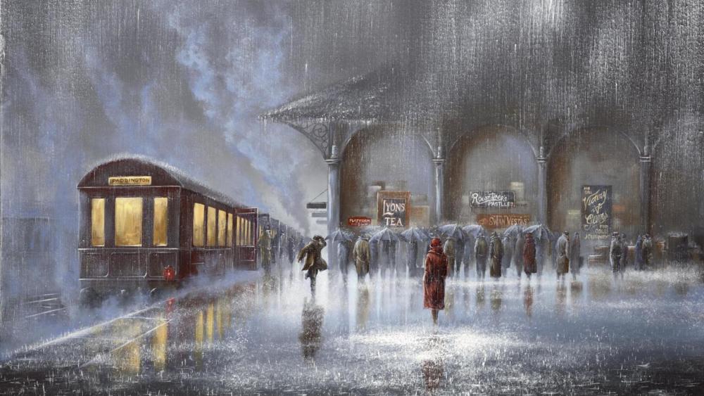 Sudden rainstorm at the train station painting art wallpaper