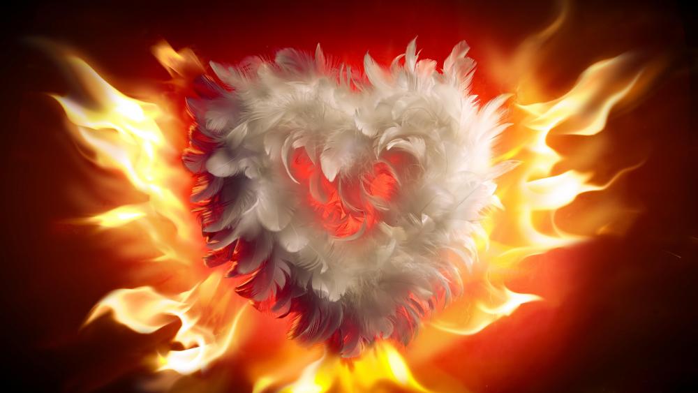 Feather heart in flames wallpaper