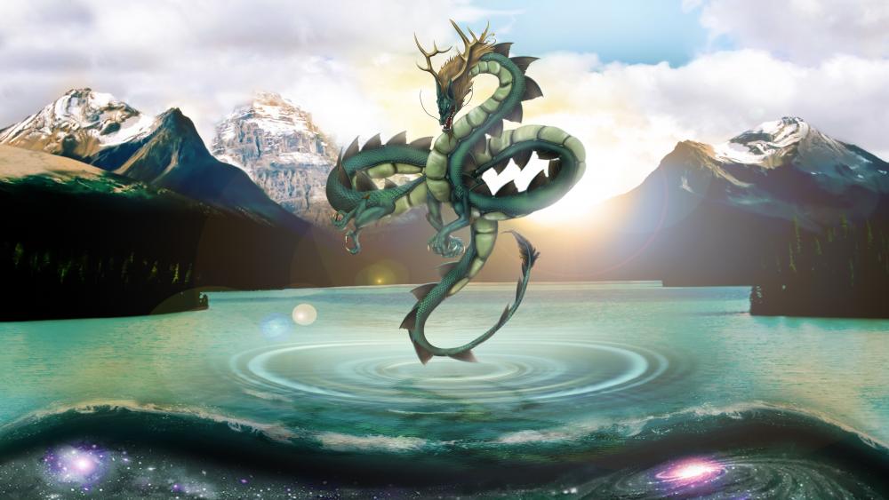 Majestic Dragon Over Mystic Lake wallpaper