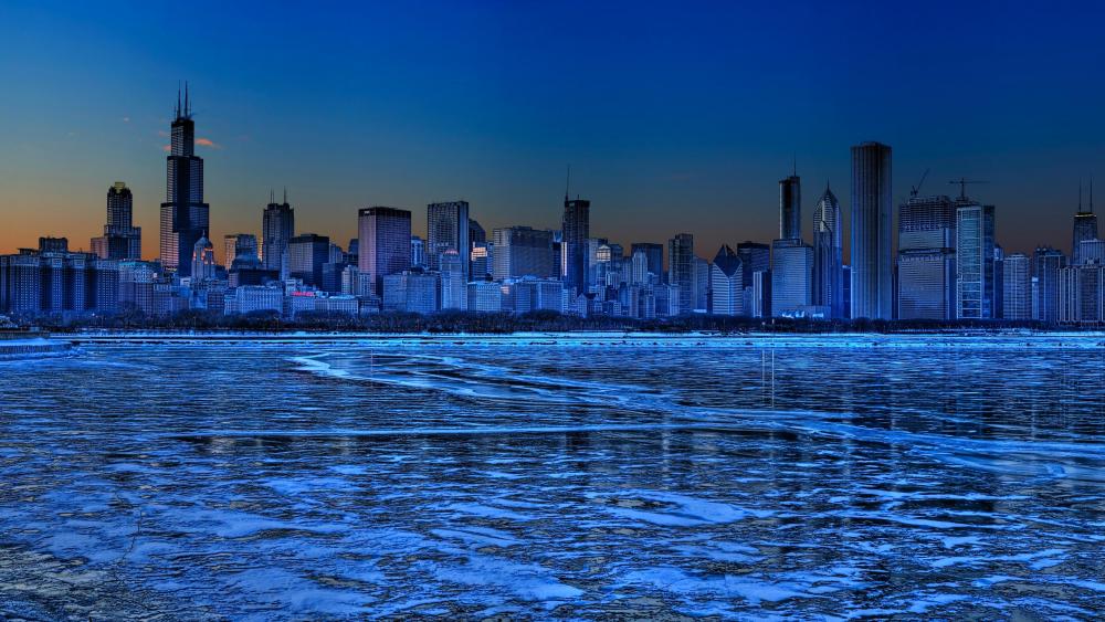 Chicago skyline in the blue hour wallpaper