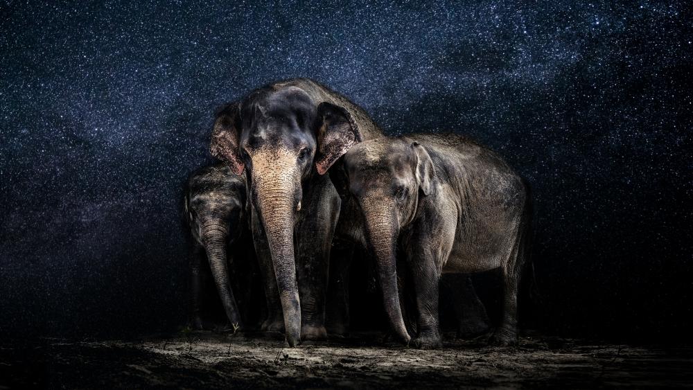 Elephants under the starry sky wallpaper