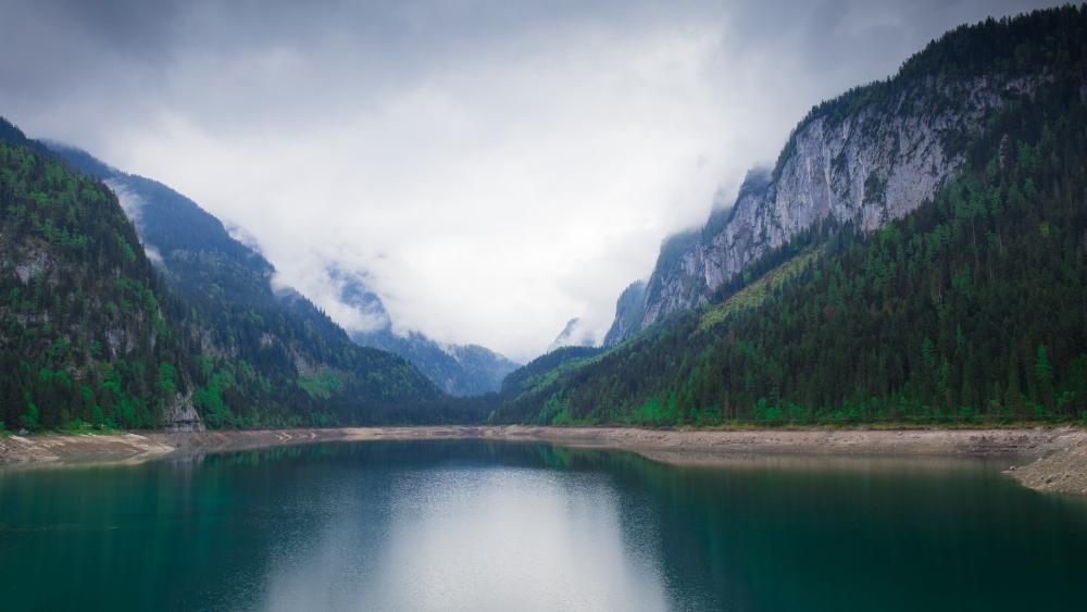 Serene Mountain Lake in Misty Landscape wallpaper