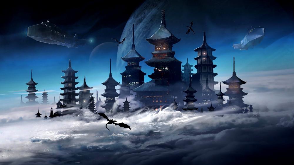 Japanese castle above the clouds wallpaper