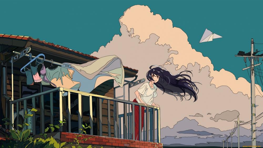 Tranquil Balcony Breeze in Anime wallpaper