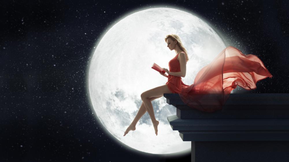 Woman in red dress at full moon wallpaper