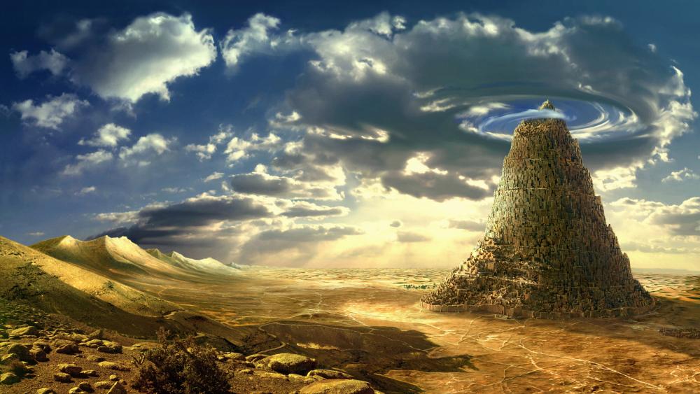 The mythological Babel Tower fantasy art wallpaper