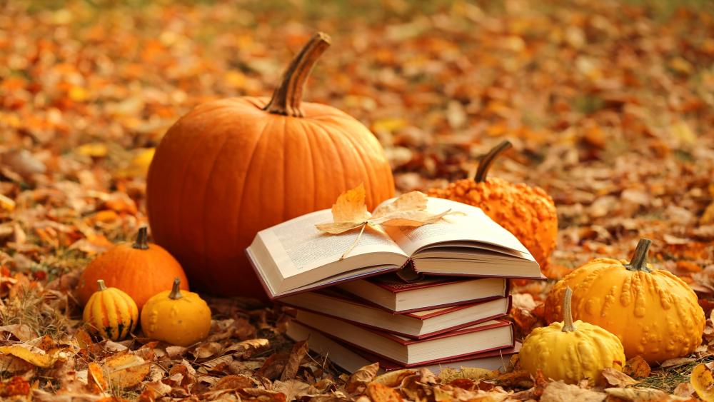 Autumnal Bliss with Pumpkins and Books wallpaper